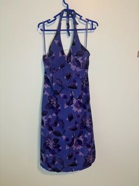 Vintage Monsoon Halter V-Neck Floral Dress in Purple